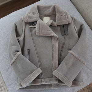 Great quality Grey suede leather teddy jacket with super warm Size S-M